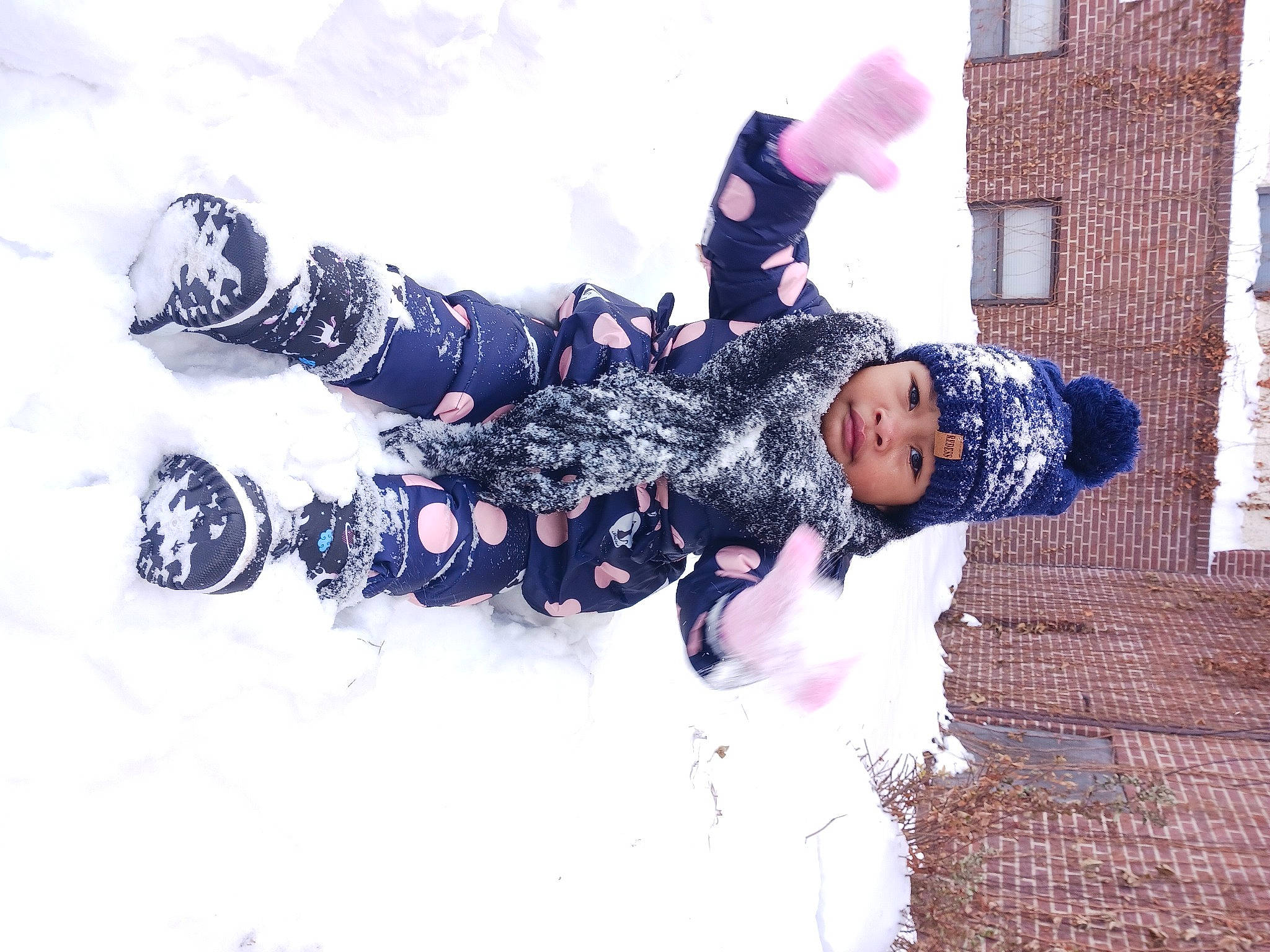 Clementine joined the competition — help win amazing prizes! boot, costume, event, fashion_accessory, freezing, fun, fur, glove, happy, headwear, leisure, magenta, pattern, person, playing_in_the_snow, purple, recreation, snow, toddler, tree