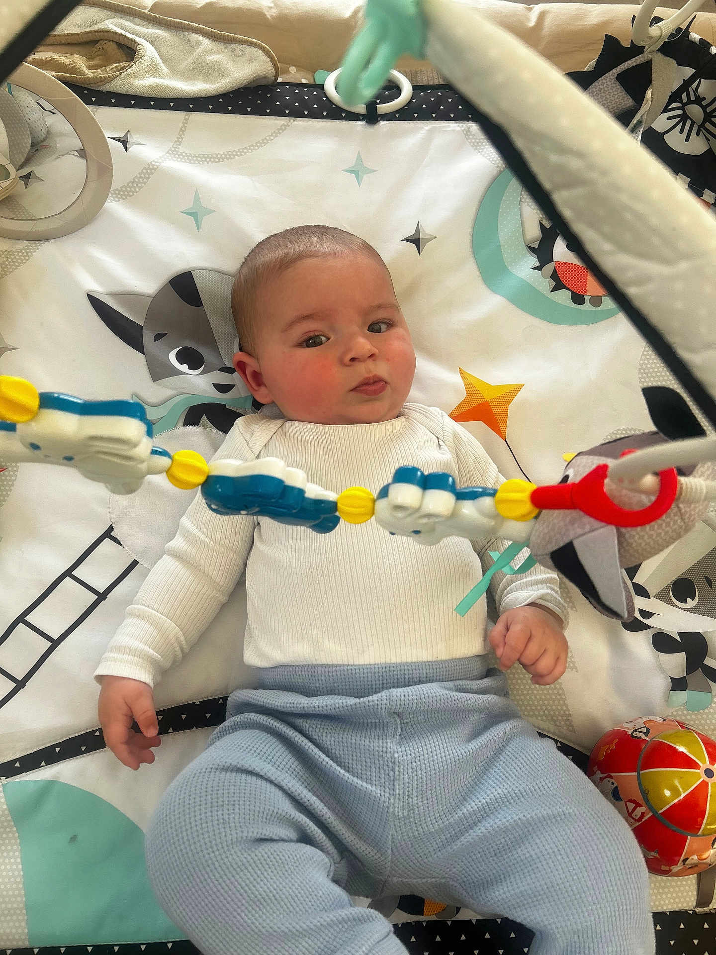 Sacha a rejoint le concours — aidez-le/la à gagner de superbes lots ! baby, infant, playmat, toy, colorful, blue_pants, white_shirt, face, cheeks, expression, indoor, soft_toys, hanging_toys, child, cute, curious, lying_down, patterned_mat, red_ball, hand