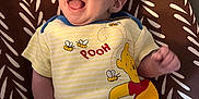 Woodson is registered to the contest to win money with this photo: baby, brown, child, cute, face, happy, indoors, infant, joyful, laughing, lying_down, newborn, onesie, patterned_blanket, person, skin, smiling, white, winnie_the_pooh, yellow_clothing