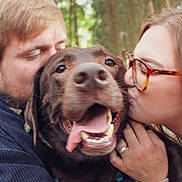 Tucker is registered to the contest to win money with this photo: affection, brown_fur, chocolate_lab, close_up, collar, couple, dog, forest, glasses, hands, happy, kiss, love, nature, outdoor, person, portrait, smiling, sweater, tongue_out