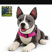 Piglet is registered to the contest to win money with this photo: stuffed_animal, dog_toy, pink_harness, white_background, small_inset_photo, real_dog, grass, toy, pet_accessory, product_photo, website_watermark, animal_figure, fake_dog, dog_figure, close_up, lying_down, ears_up, realistic_toy, mockup, isolated