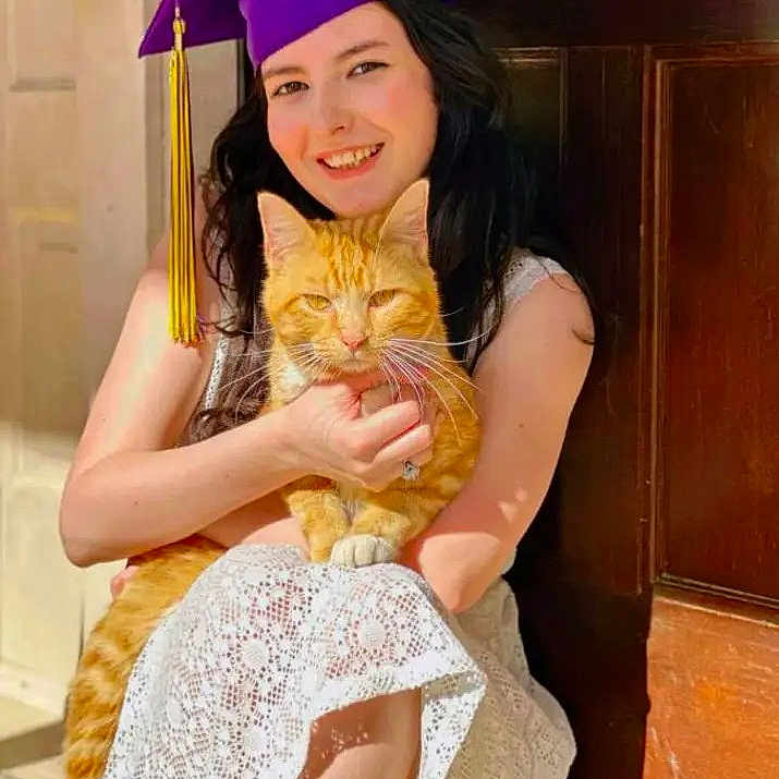 Milo is registered to the contest to win money with this photo: cat, celebration, daylight, door, graduation_cap, happy, holding, home, lace, long_hair, orange_cat, outdoor, pet, portrait, sitting, smiling, sunlight, white_dress, woman, young_adult