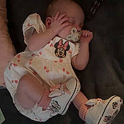 Ayla-Louise joined the competition — help win amazing prizes! baby, sleeping, pacifier, infant, dress, minnie_mouse, shoes, pink, white, cute, child, resting, indoors, soft_surface, footwear, person, small_hand, closed_eyes, clothing, cozy