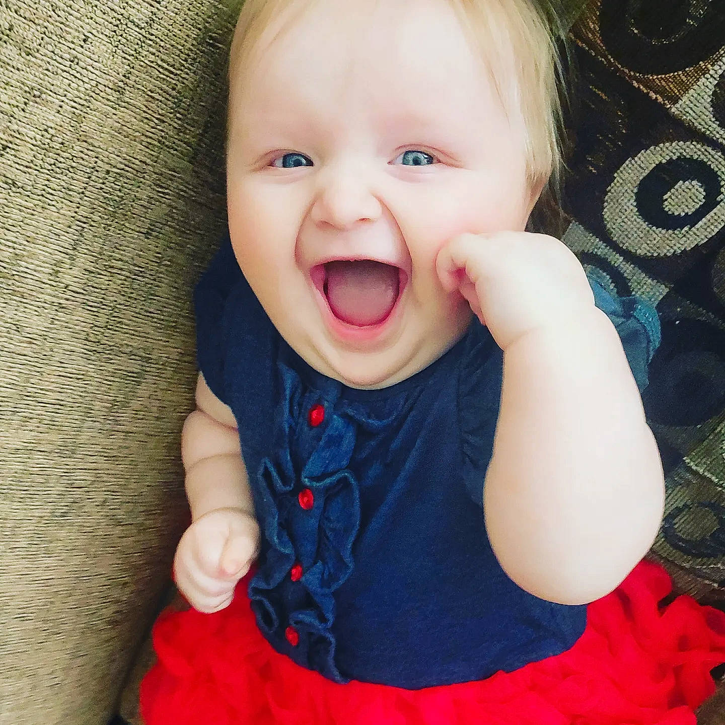Olivia joined the competition — help win amazing prizes! azure, baby, baby_toddler_clothing, cheek, clothing, eye, eyelash, finger, gesture, happy, iris, lip, mouth, neck, nose, person, skin, sleeve, smile, textile
