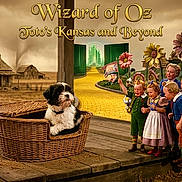 Toto joined the competition — help win amazing prizes! dog, basket, yellow_brick_road, emerald_city, children, munchkins, farmhouse, tornado, movie_poster, title_text, flowers, wooden_plank, vintage, crowd, smiling, wicker, costume, fantasy, stage, portrait