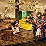 dog, basket, yellow_brick_road, emerald_city, children, munchkins, farmhouse, tornado, movie_poster, title_text, flowers, wooden_plank, vintage, crowd, smiling, wicker, costume, fantasy, stage, portrait