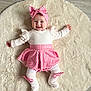 baby, bow, child, cute, fashion, floor, fluffy, happy, headband, indoors, infant, long_sleeve, person, pink, portrait, rug, skirt, smiling, tights, white