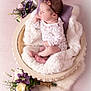 baby, newborn, sleeping, lace_clothing, headband, flower, basket, blanket, purple, white, soft_texture, portrait, infant, cozy, cute, resting, decor, tender, peaceful, studio