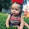 baby, blurred_background, child, crawling, curious, cute, eyes, face, grass, hand, infant, nature, outdoor, patriotic, portrait, red_bows, skin, striped_clothing, summer, tank_top