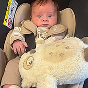 Freddie is registered to the contest to win money with this photo: baby, car_seat, infant, stuffed_toy, plush, beige_clothing, safety_harness, child, indoor, cute, wide_eyes, soft_toy, newborn, seat, person, child_seat, car_accessory, infant_clothing, expression, star_pattern