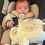 baby, car_seat, infant, stuffed_toy, plush, beige_clothing, safety_harness, child, indoor, cute, wide_eyes, soft_toy, newborn, seat, person, child_seat, car_accessory, infant_clothing, expression, star_pattern