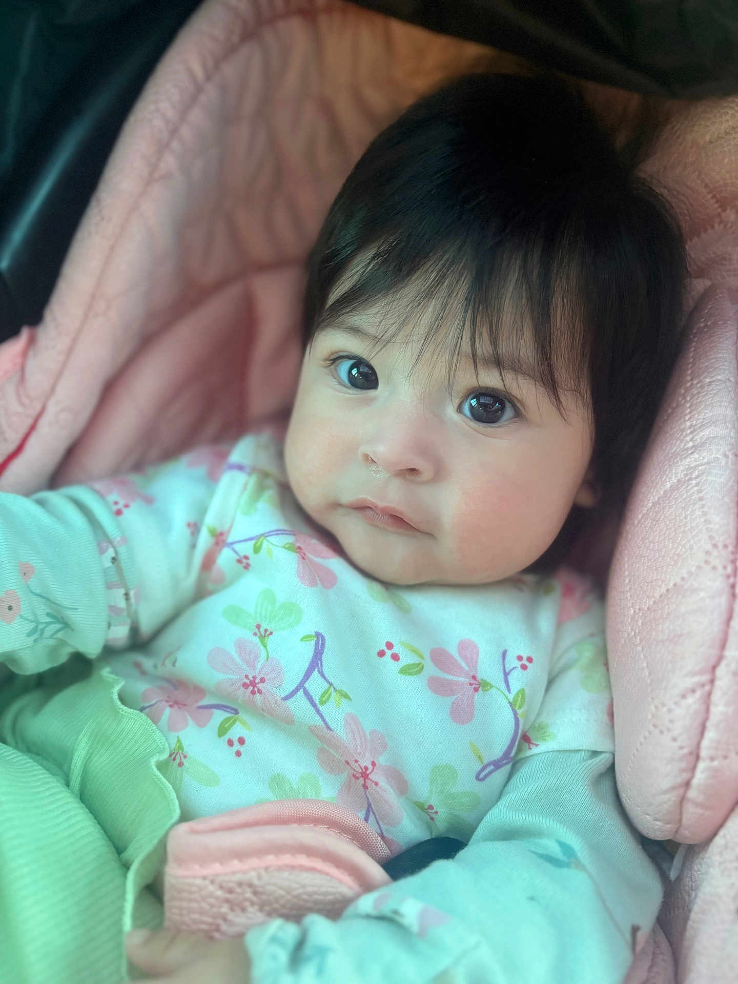 Paytom is registered to the contest to win money with this photo: baby, infant, child, car_seat, blanket, pink, floral_onesie, onesie, dark_hair, big_eyes, chubby_cheeks, close_up, portrait, cozy, soft_texture, seat_padding, gaze, sitting, adorable, clothing