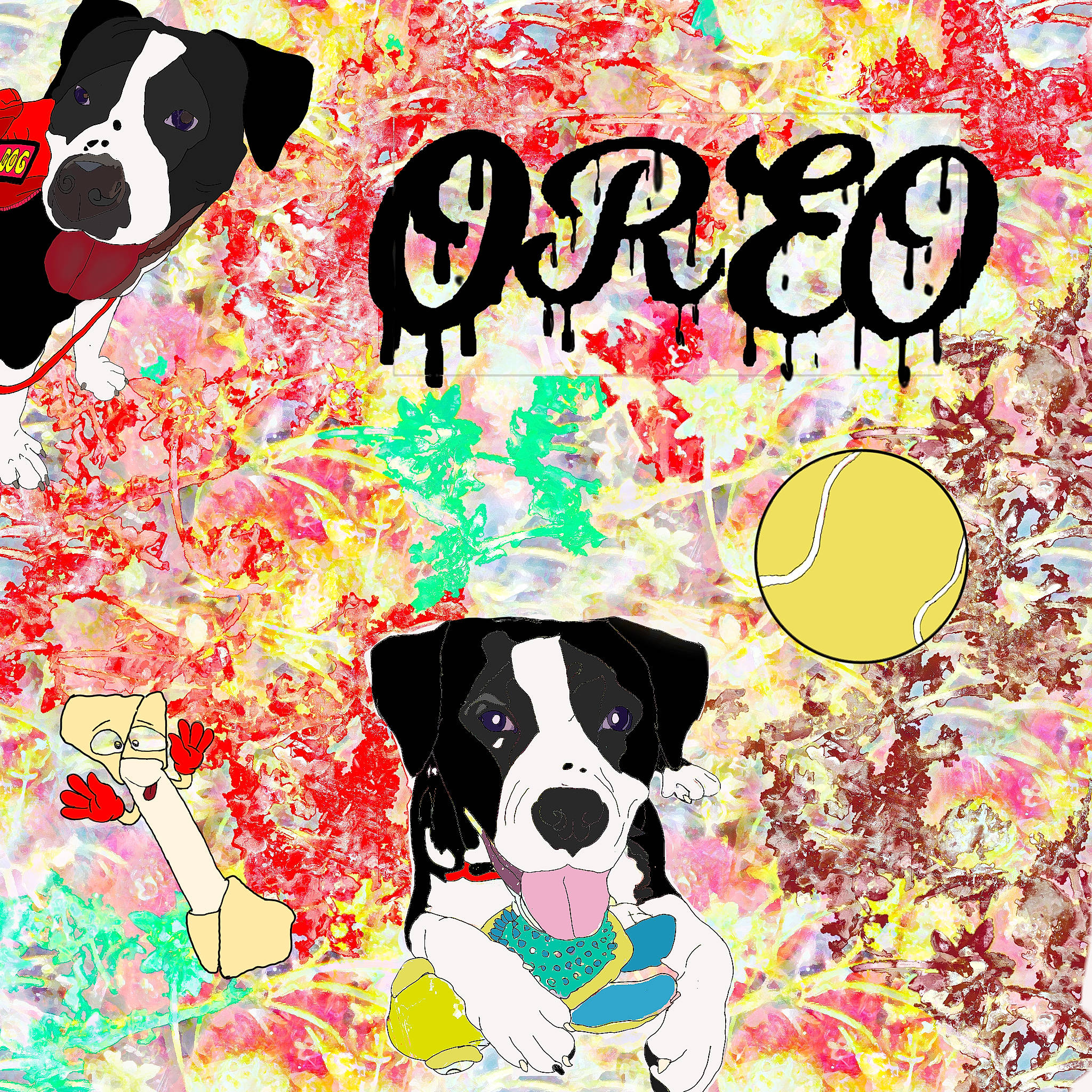 Oreo is registered to the contest to win money with this photo: art, ball, canidae, carnivore, companion_dog, dog, dog_breed, dog_supply, font, graphic_design, graphics, grass, happy, illustration, painting, pet_supply, poster, sporting_group, toy, working_animal
