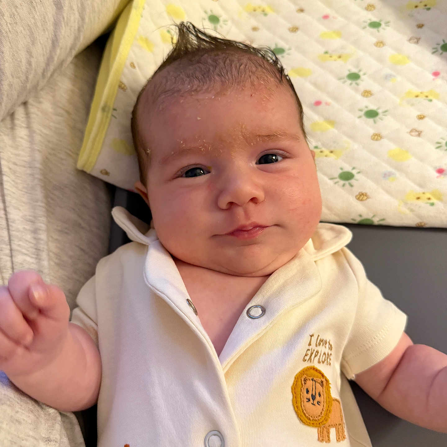 Venitsa joined the competition — help win amazing prizes! baby, blanket, child, clothing, comfortable, cute, embroidery, face, giraffe, head, indoors, infant, lion, mohawk, onesie, person, portrait, skin, smile, soft