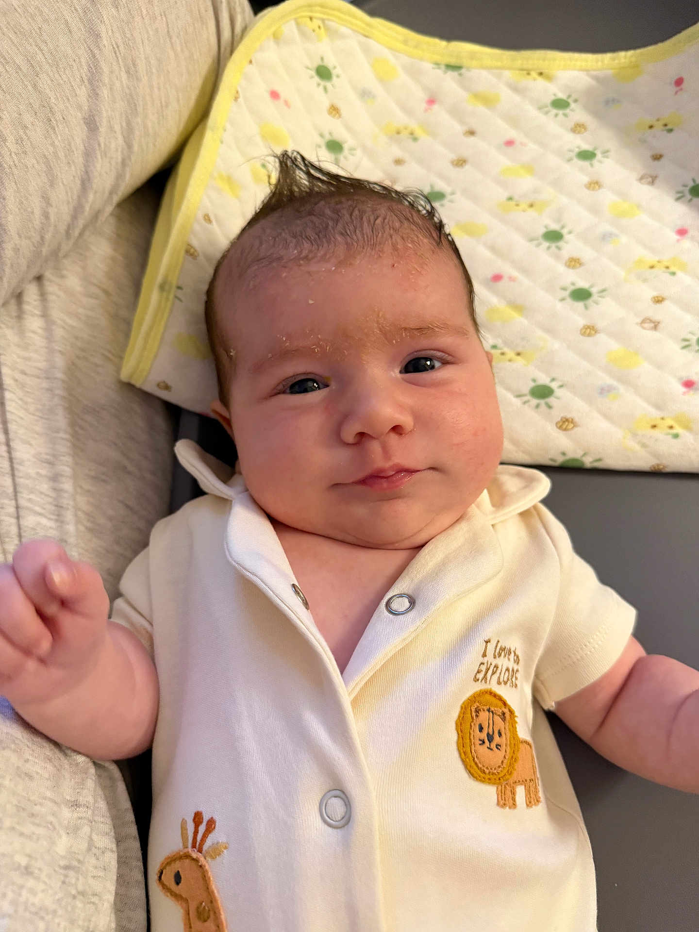 Venitsa joined the competition — help win amazing prizes! baby, infant, face, onesie, embroidery, giraffe, lion, cute, soft, blanket, mohawk, child, portrait, indoors, comfortable, smile, clothing, skin, head, person