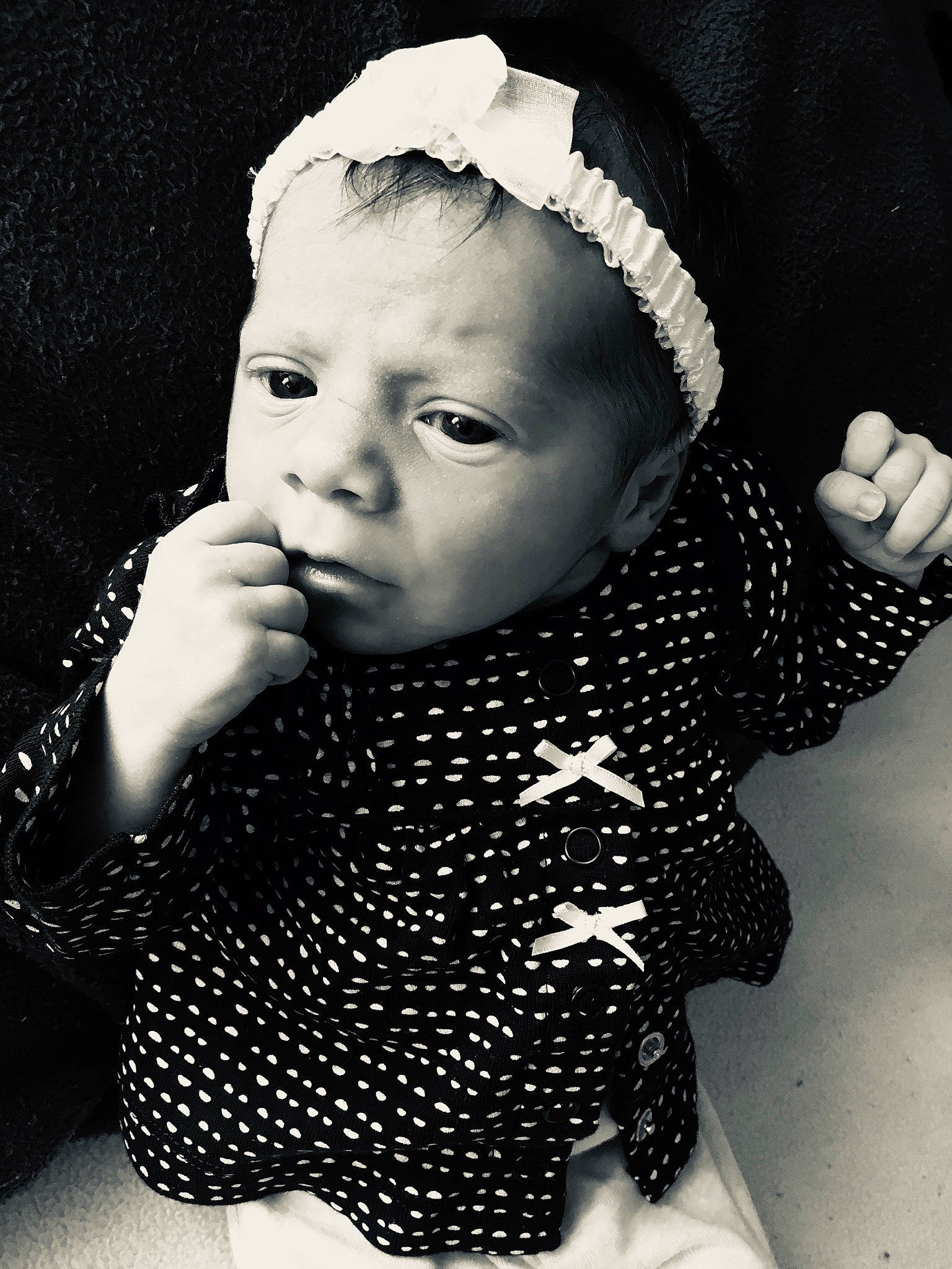 Nevaeh joined the competition — help win amazing prizes! baby, black, black_and_white, cheek, child, design, eye, face, head, headgear, lip, monochrome, monochrome_photography, pattern, person, photograph, photography, polka_dot, skin, toddler