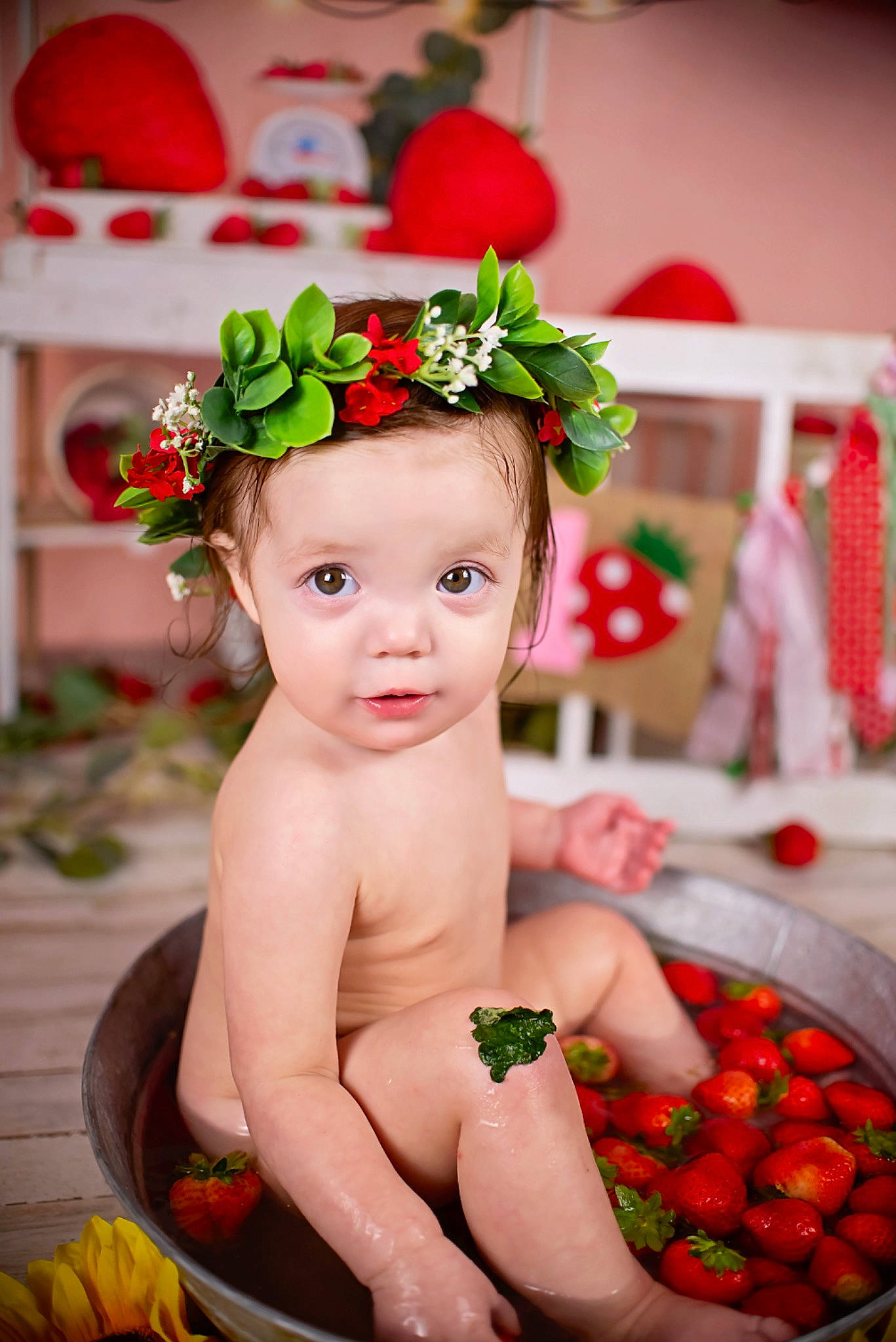 Hennsley Sepulvado is registered to the contest to win money with this photo: baby, baby_toddler_clothing, child, flower, flower_arranging, fruit, green, happy, hat, headpiece, jewellery, natural_foods, orange, person, petal, red, seedless_fruit, strawberry, sweetness, toddler