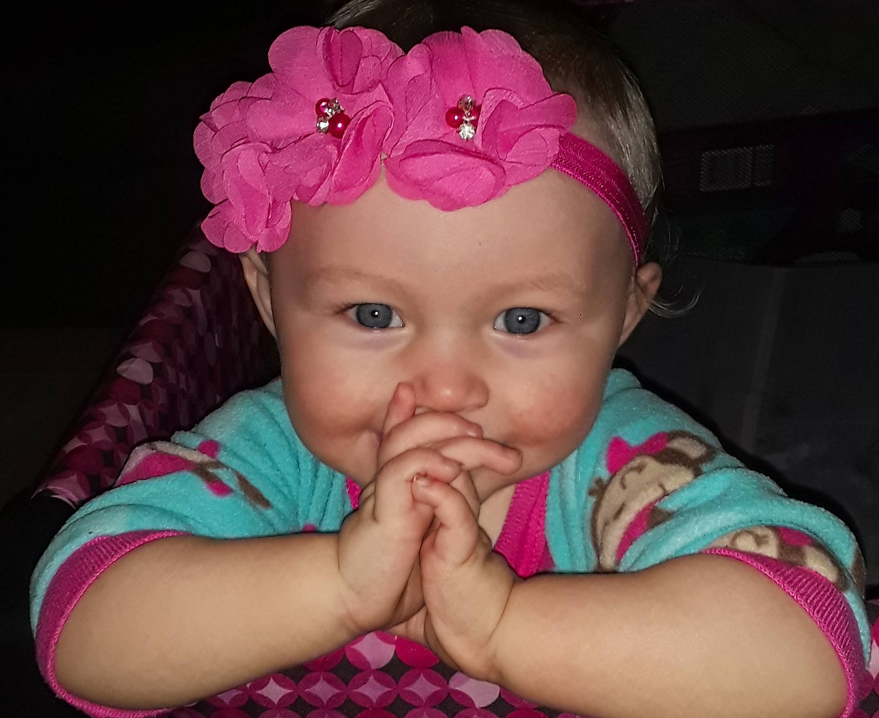 Izzabella joined the competition — help win amazing prizes! baby, cheek, child, eye, face, fashion_accessory, finger, forehead, hair_accessory, hand, head, headband, headgear, headpiece, joy, lip, mouth, nose, person, pink