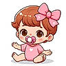 cartoon, baby, pacifier, pink_bow, pink_clothing, sitting, cute, big_eyes, illustration, childlike, animated, smiling, small_hands, small_feet, head_accessory, chubby_cheeks, white_background, adorable, young, innocent