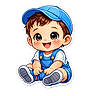 cartoon, illustration, baby, boy, blue_cap, blue_overalls, white_tshirt, smiling, happy, sitting, cute, childlike, animated, big_eyes, joyful, cute_character, digital_art, chubby_cheeks, short_hair, playful