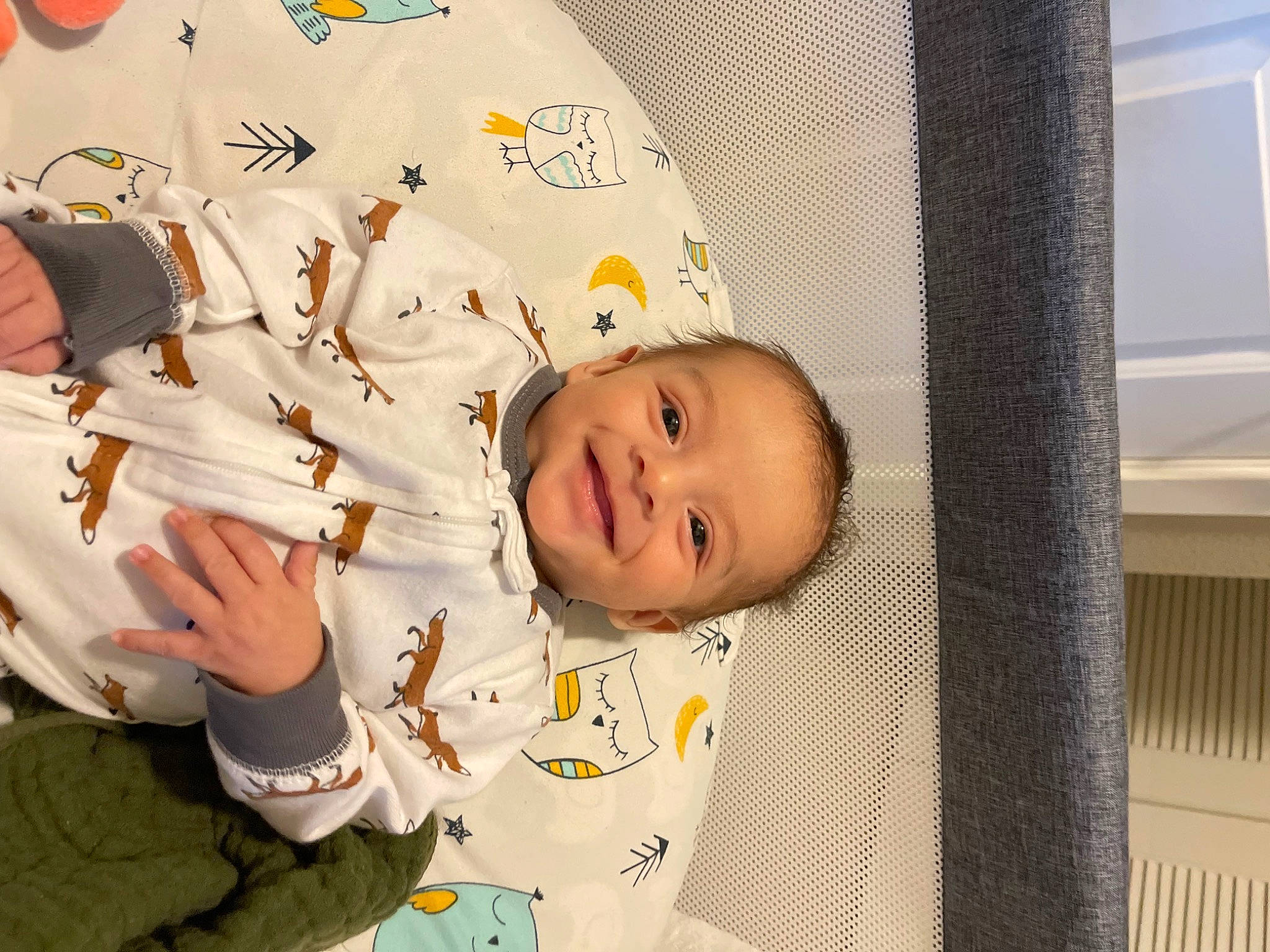 Gabriel joined the competition — help win amazing prizes! baby, baby_products, baby_safety, baby_toddler_clothing, bed, bedtime, cheek, child, comfort, facial_expression, fun, happy, infant_bed, joy, linens, pattern, person, room, sleeve, smile