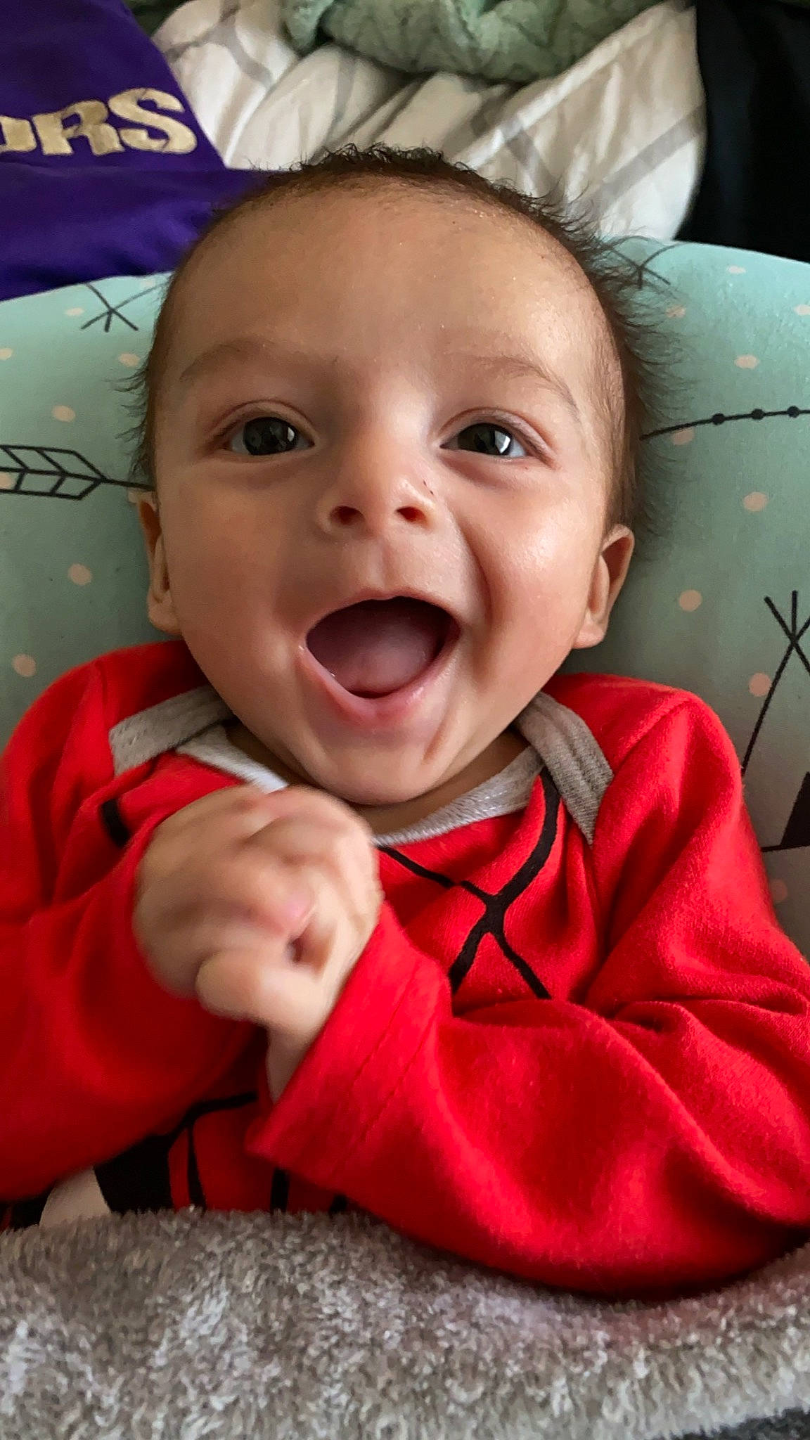 Gabriel is registered to the contest to win money with this photo: baby, baby_laughing, baby_toddler_clothing, cheek, comfort, eye, gesture, happy, iris, lip, mouth, nose, outerwear, person, pink, skin, sleeve, smile, textile, toddler