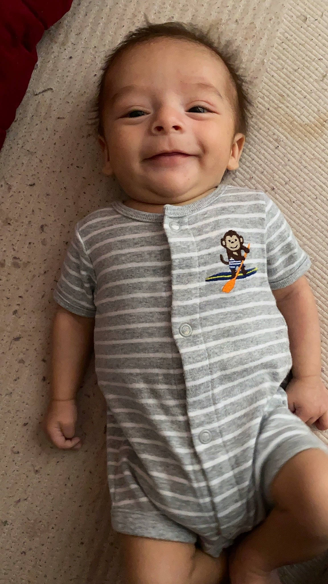 Gabriel joined the competition — help win amazing prizes! baby, baby_toddler_clothing, cheek, child, chin, elbow, eye, finger, flash_photography, gesture, grey, happy, iris, joy, nose, pattern, person, skin, sleeve, smile