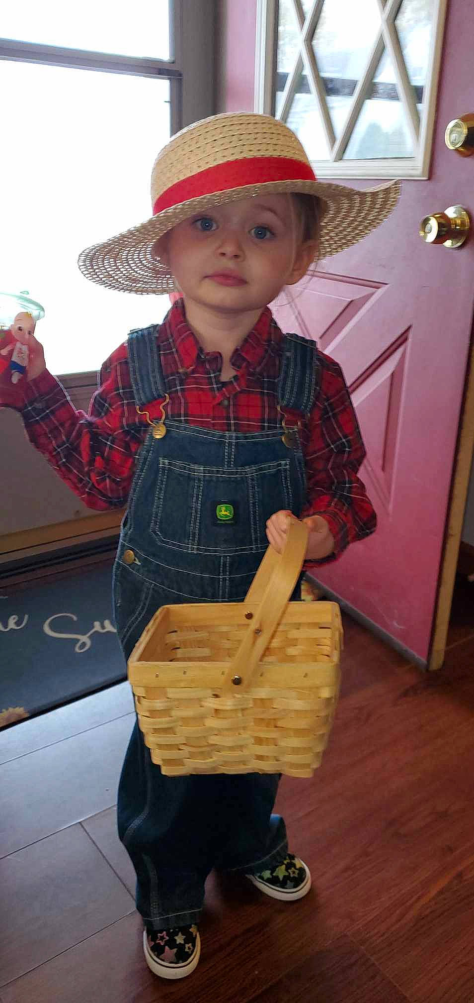 Aurora joined the competition — help win amazing prizes! baby, baby_toddler_clothing, box, cap, cardboard, child, costume_hat, denim, fashion_accessory, fun, hat, headwear, pattern, person, plaid, play, sleeve, standing, sun_hat, tartan