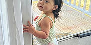 Celeste joined the competition — help win amazing prizes! toddler, child, curtain, glass_door, hair_clips, pink_sandals, welcome_mat, standing, indoor, outdoor, sunlight, wooden_deck, railing, clothing, shorts, top, carpet, person, curious, smiling