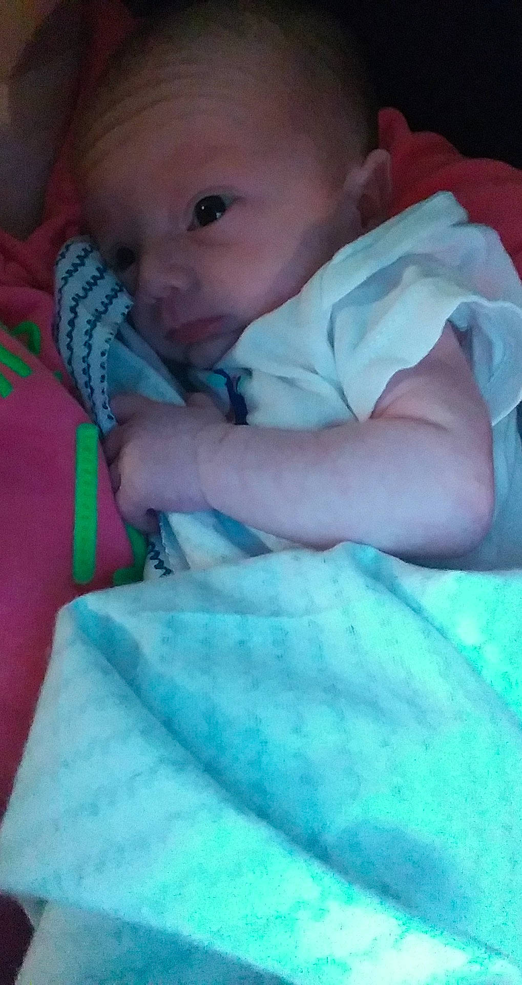 Kaiden joined the competition — help win amazing prizes! aqua, baby, baby_toddler_clothing, blue, cheek, child, comfort, electric_blue, eye, finger, gesture, green, iris, linens, lip, mouth, nose, person, skin, thumb