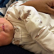 Aslan is registered to the contest to win money with this photo: newborn, baby, sleeping, infant, portrait, face, closed_eyes, onesie, clothing, animal_print, cream, adult_hand,  보호, couch, blanket, indoors, cozy, peaceful, family, resting