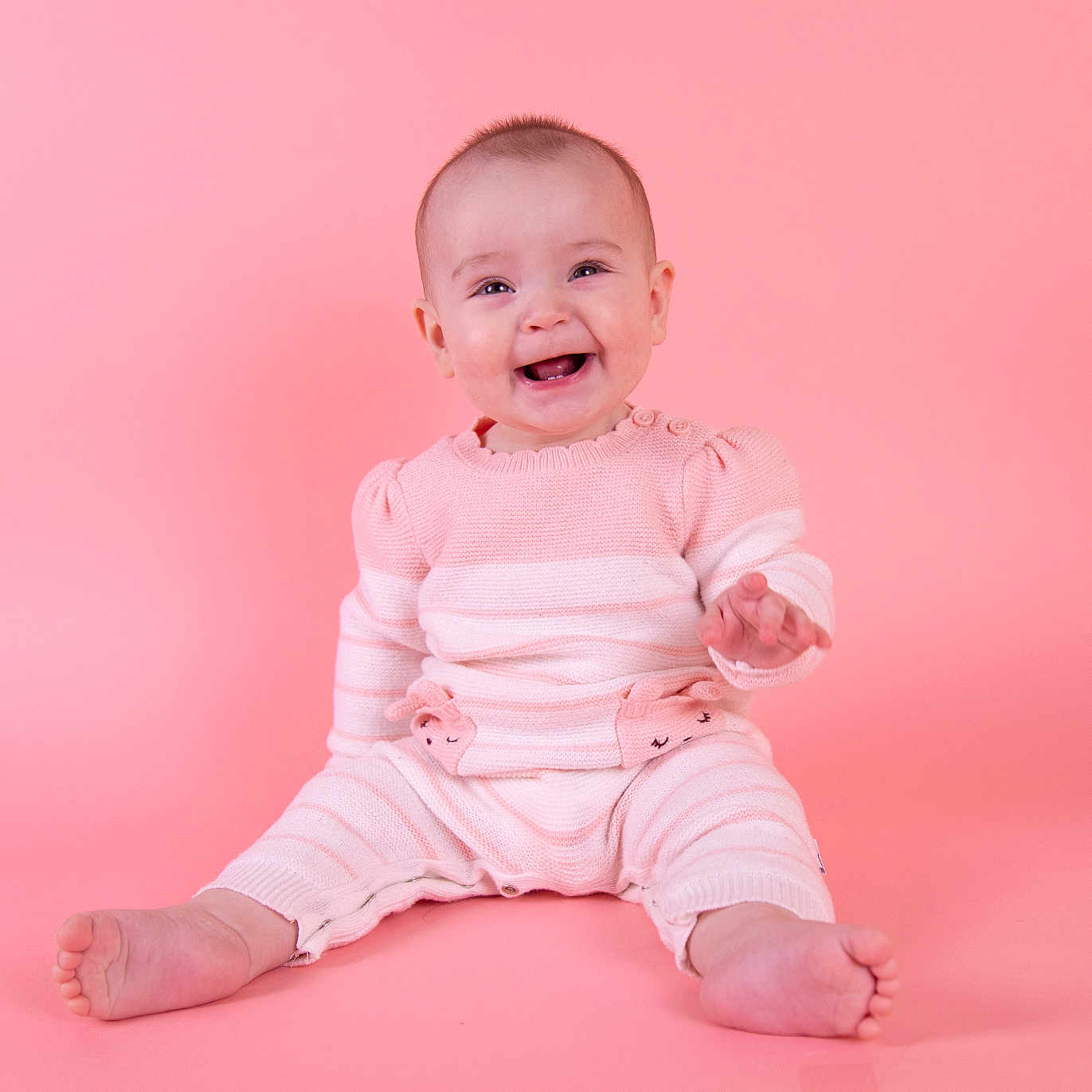 Eleanor joined the competition — help win amazing prizes! baby, babylaughing, bodypart, clothing, face, finger, hand, happy, head, laughing, pants, person, photography, portrait, sitting, smile