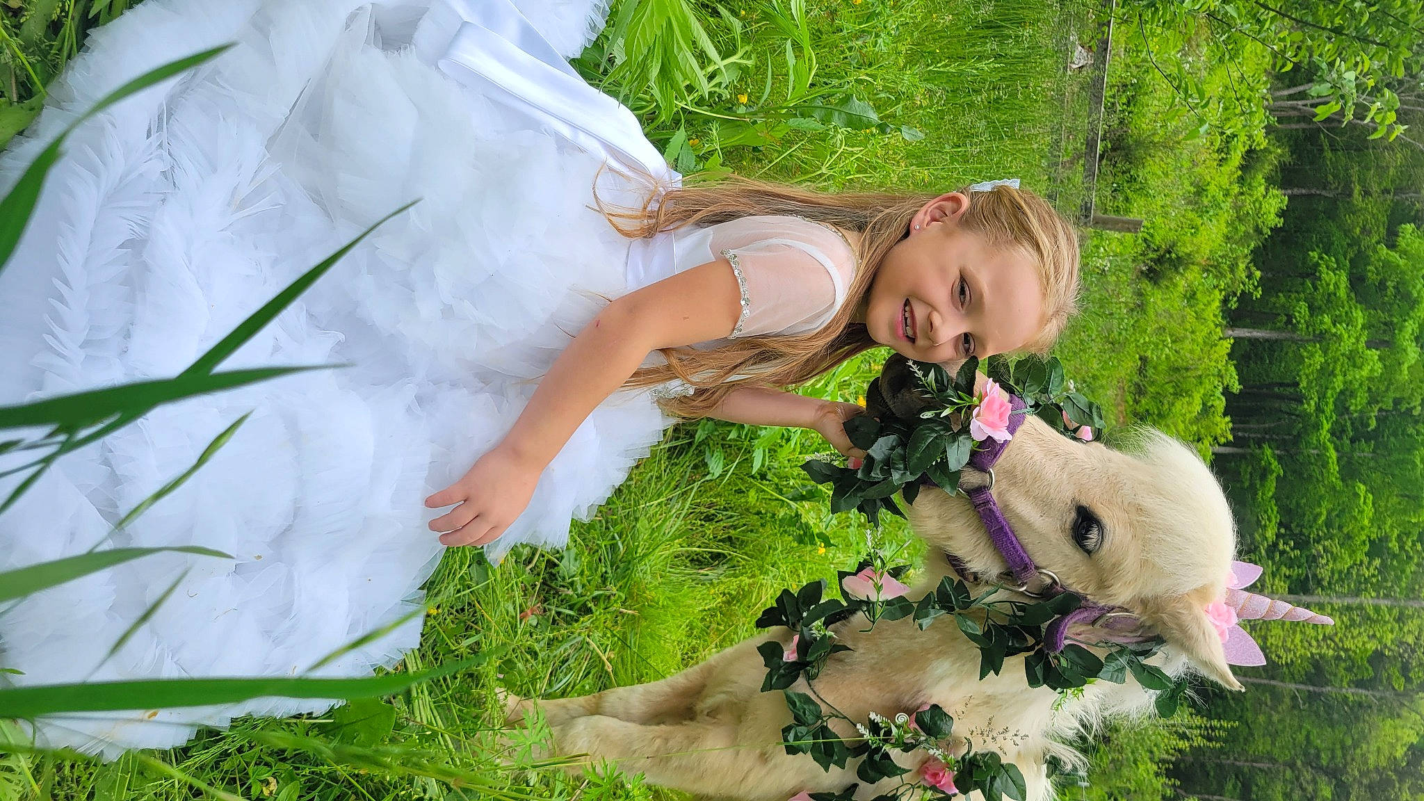 Mary is registered to the contest to win money with this photo: botany, bridal_clothing, child, dress, fawn, flower, flower_arranging, grass, grass_family, hair, hand, happy, joy, meadow, people_in_nature, person, petal, plant, summer, toddler