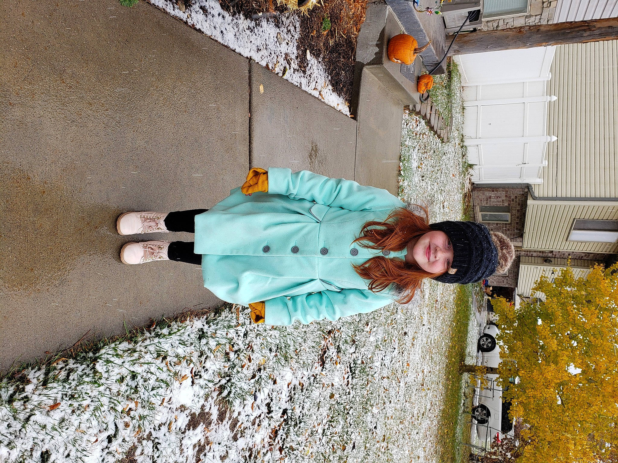 Raven joined the competition — help win amazing prizes! asphalt, child, cobblestone, facade, freezing, fun, headwear, joy, leisure, pedestrian, person, road, road_surface, sidewalk, smile, street, tree, winter