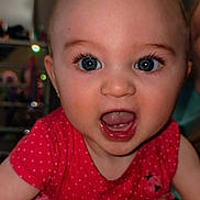Echo joined the competition — help win amazing prizes! baby, blue_eyes, child, clothing, cute, expression, eyelashes, face, hand, indoor, infant, ladybug, mouth_open, person, polka_dot, portrait, red_dress, skin, smiling, table