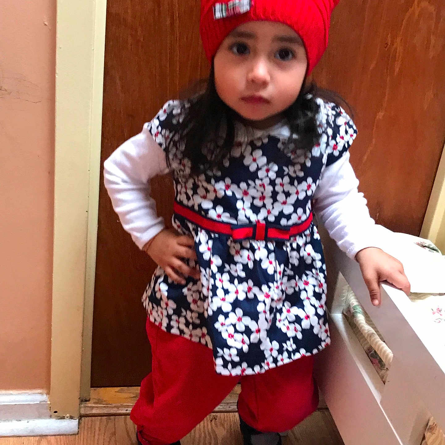 Erica joined the competition — help win amazing prizes! cap, child, flooring, girl, headgear, joint, leg, pattern, product, red, textile, toddler