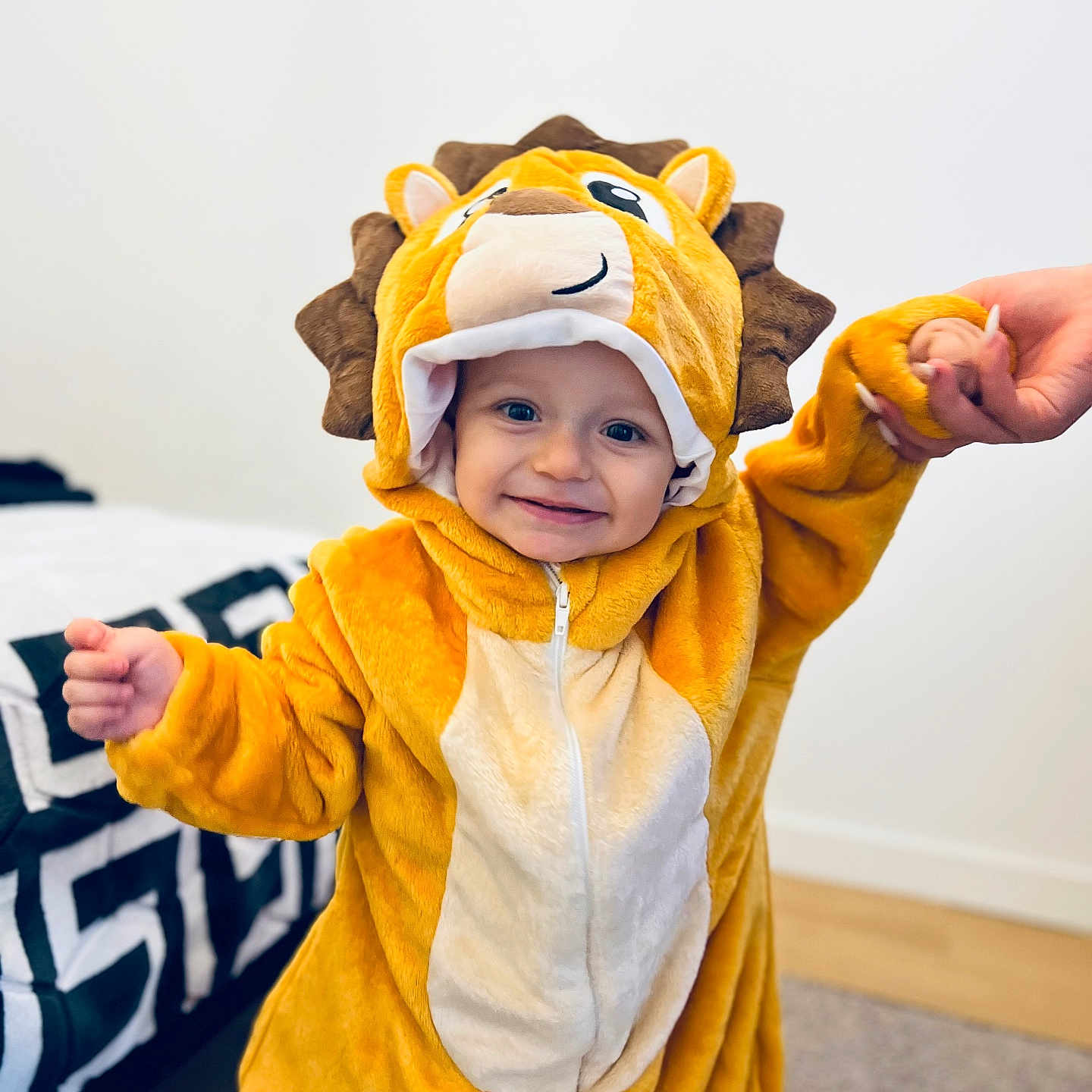 Damian Vîzîi a rejoint le concours — aidez-le/la à gagner de superbes lots ! bed, bedroom, brown, carpet, child, clothing, costume, cute, face, hand_holding, happy, indoor, lion_costume, person, plush, smiling, toddler, white, yellow, young_child