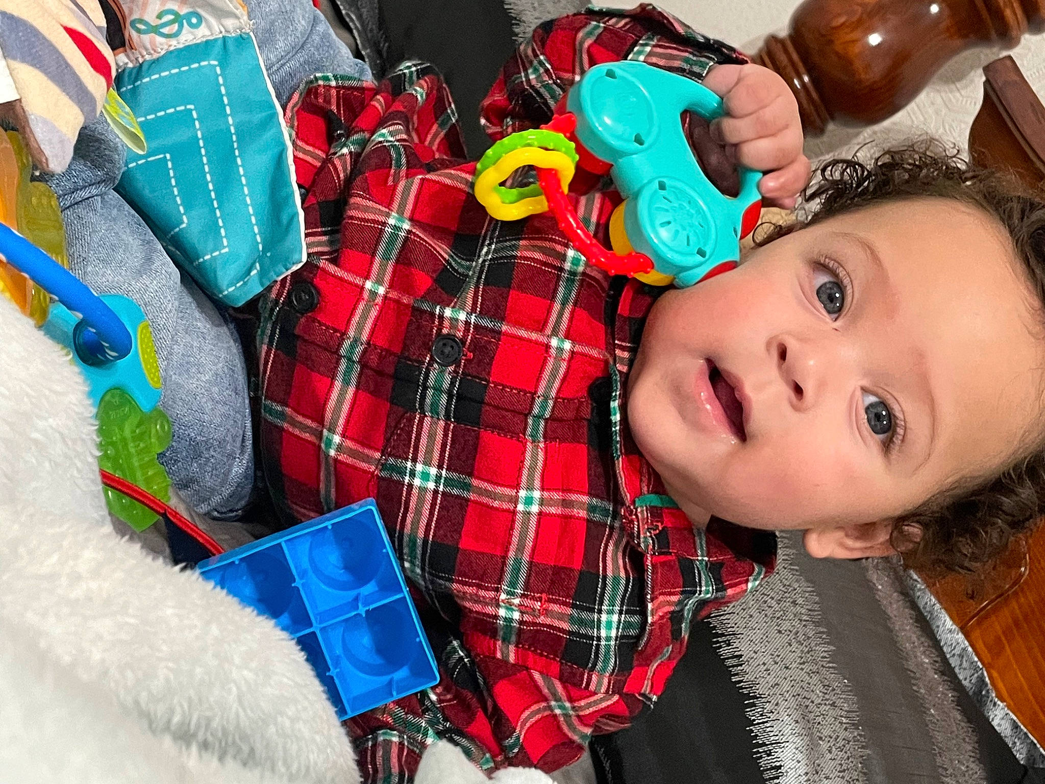 Alejandro joined the competition — help win amazing prizes! baby_toddler_clothing, collar, electric_blue, event, fur, happy, pattern, person, plaid, red, sitting, sleeve, tartan, textile, toddler, toy, wood