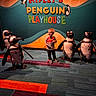child, penguin, penguin_statue, playhouse, museum, indoor, portrait, smiling, standing, colorful, sign, ripley, exhibit, family_activity, carpet, orange, black, white, travel, entertainment