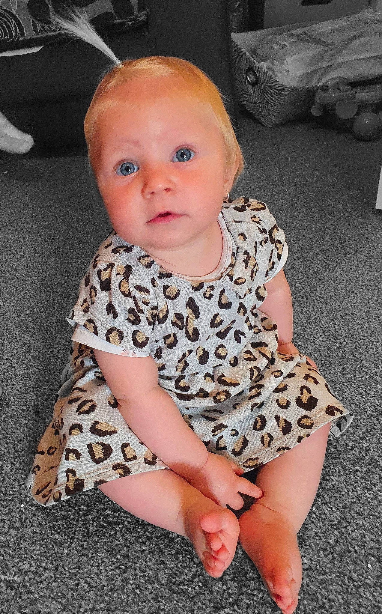 Chanelle joined the competition — help win amazing prizes! baby, baby_toddler_clothing, cheek, child, collar, comfort, day_dress, dress, eye, floor, flooring, happy, human_leg, lip, neck, one_piece_garment, pattern, person, skin, sleeve