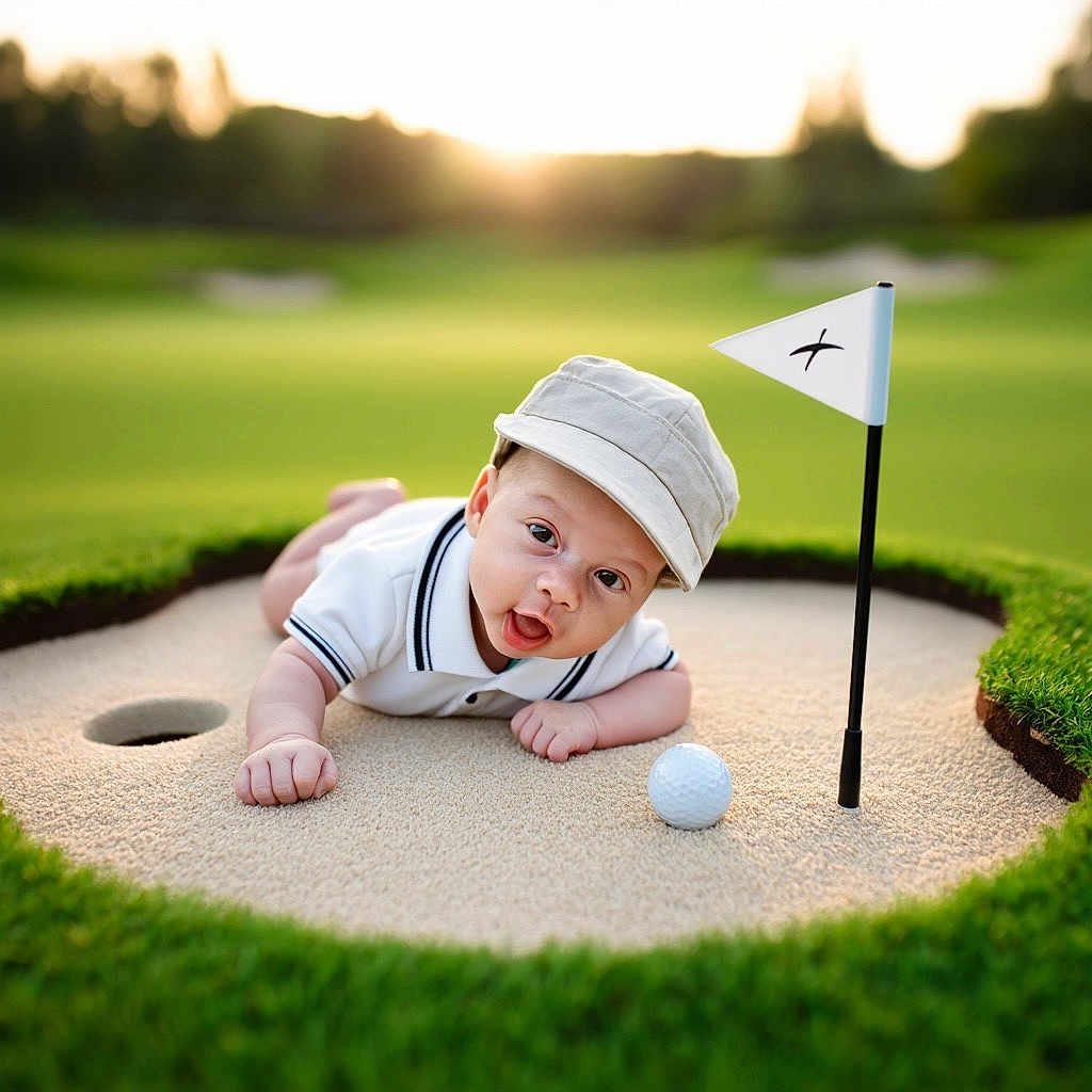 Hezekiah joined the competition — help win amazing prizes! baby, child, cute, face, golf, golf_ball, golf_flag, golf_hole, grass, greenery, hat, lying_down, outdoor, portrait, recreation, sand_trap, smiling, sports, sunset, white_clothing