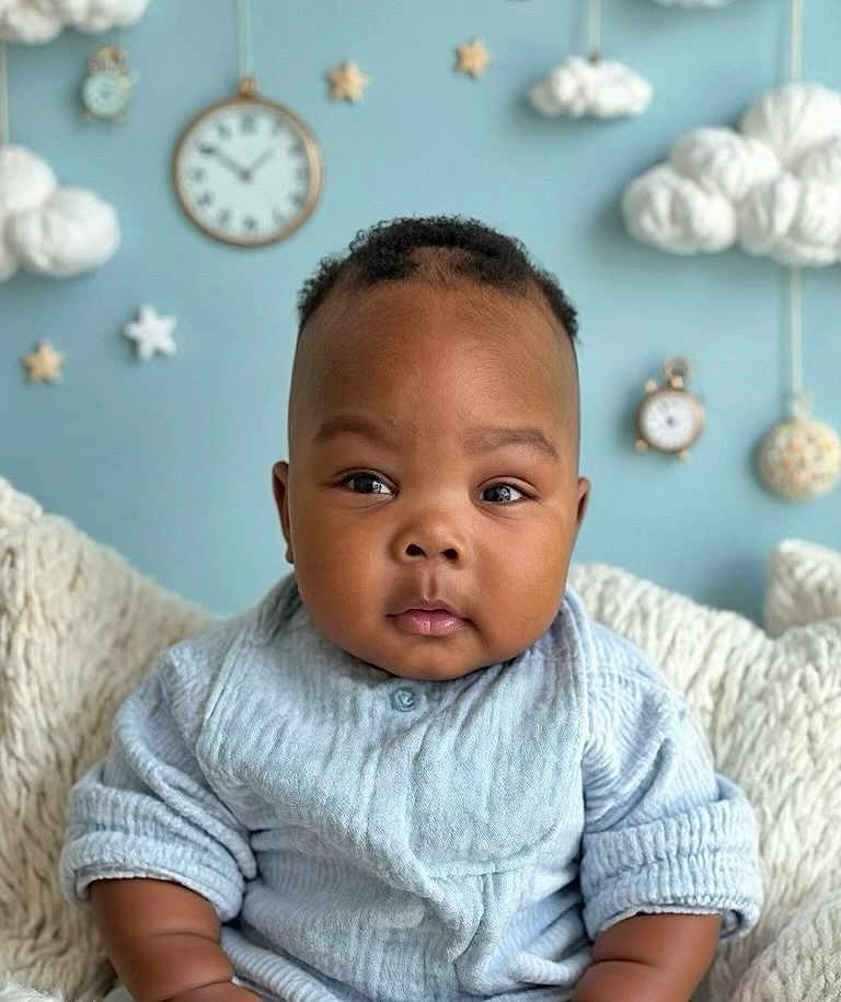 Abdoul Kiyaan joined the competition — help win amazing prizes! baby, infant, child, blue_clothing, blanket, fluffy, clouds, stars, clock, nursery, portrait, cute, curious, soft_lighting, indoor, seated, closeup, face, head, expression