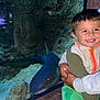 Liam participe au concours pour gagner de l'argent avec cette photo : adult, animal, aquarium, child, clothing, exhibit, face, glass, happy, holding, interaction, marine_life, nature, person, rocks, shark, smiling, tank, underwater, water