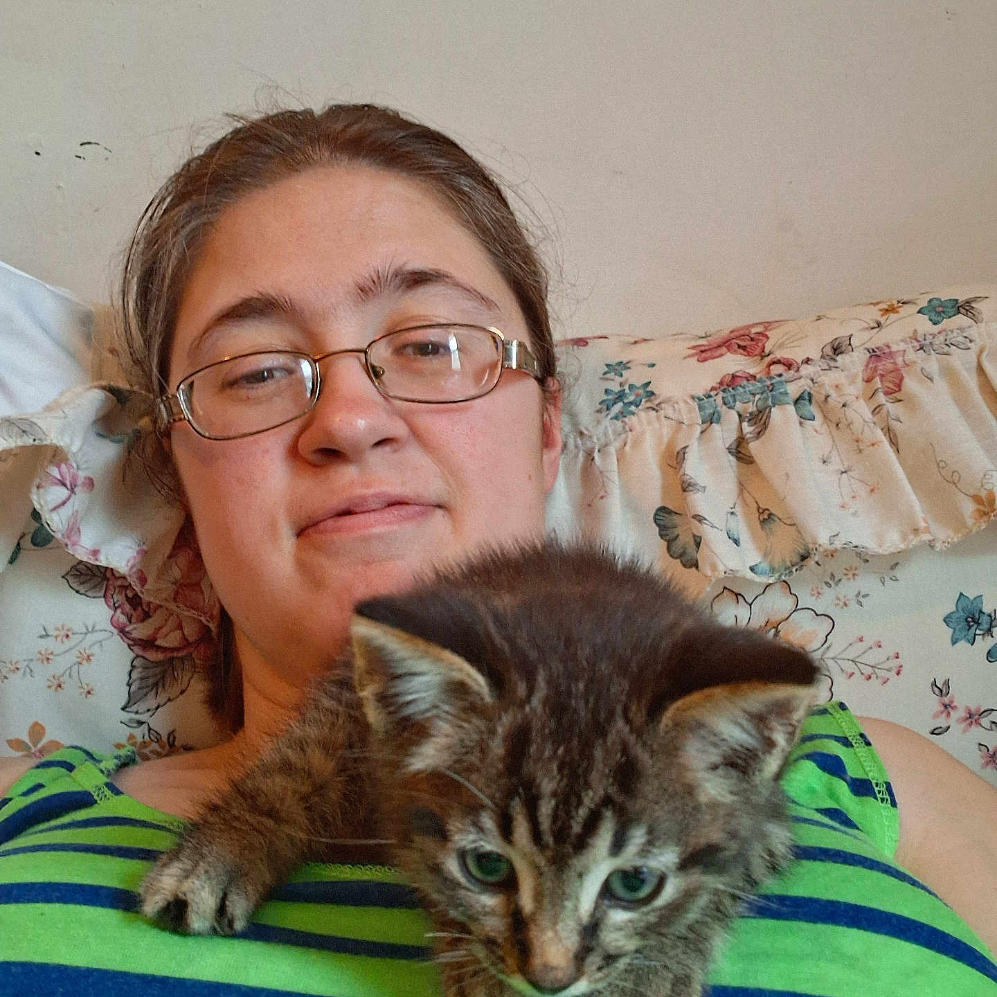 Luna is registered to the contest to win money with this photo: blue, cat, close_up, cute, face, feline, floral_pattern, glasses, green, home, indoor, kitten, laying_down, person, pet, pillow, relaxed, resting, striped_shirt, young_cat