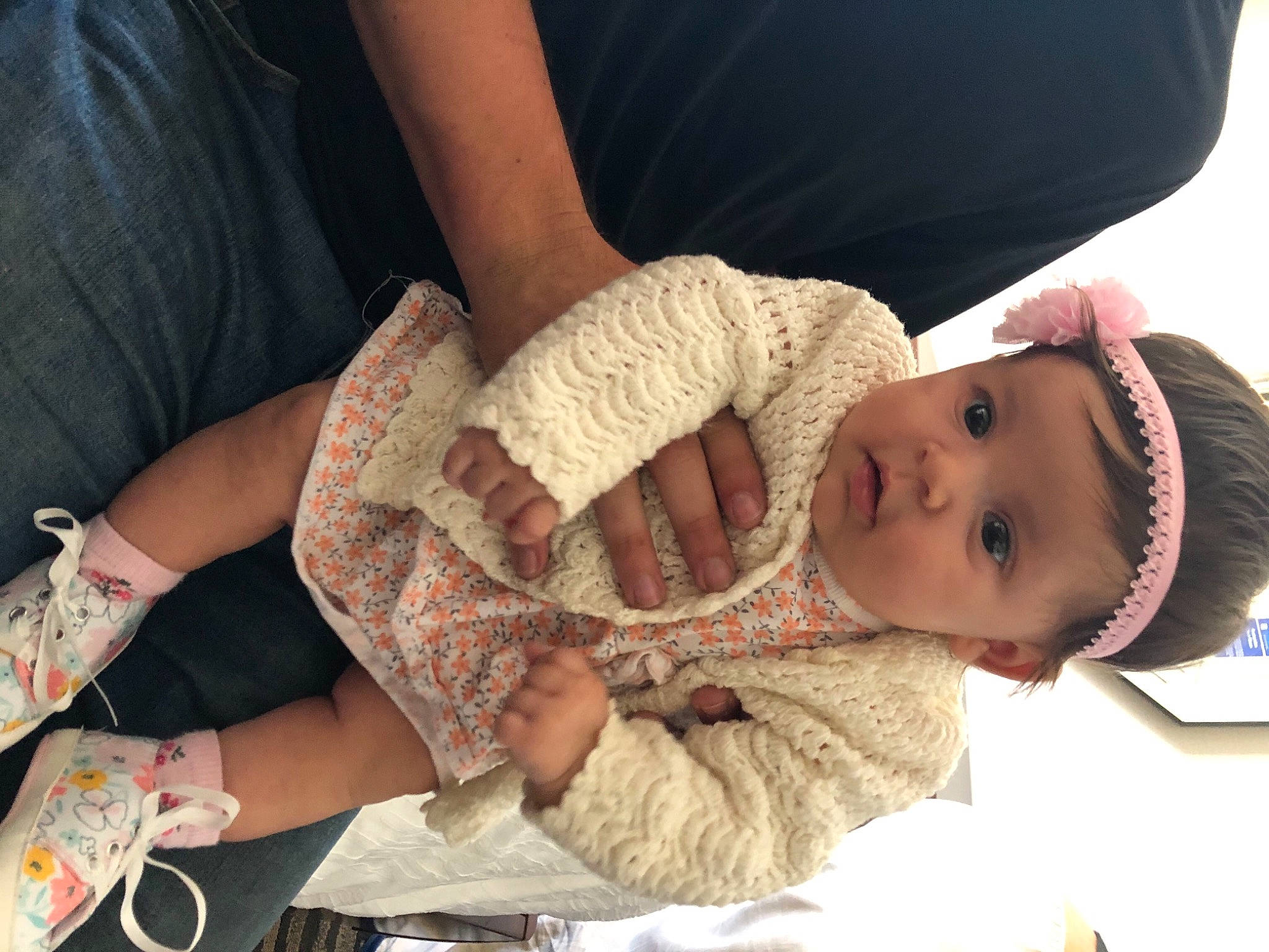 Kinsley Ann joined the competition — help win amazing prizes! baby, baby_products, baby_toddler_clothing, cheek, child, comfort, eyelash, finger, gesture, happy, headwear, human_leg, jewellery, nail, pattern, person, sitting, skin, sleeve, tableware