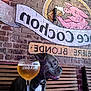 dog, beer, glass, bench, brick_wall, mural, pig_painting, indoor, pub, table, collar, pet, animal, portrait, wood, beverage, drink, seated, bar, canine