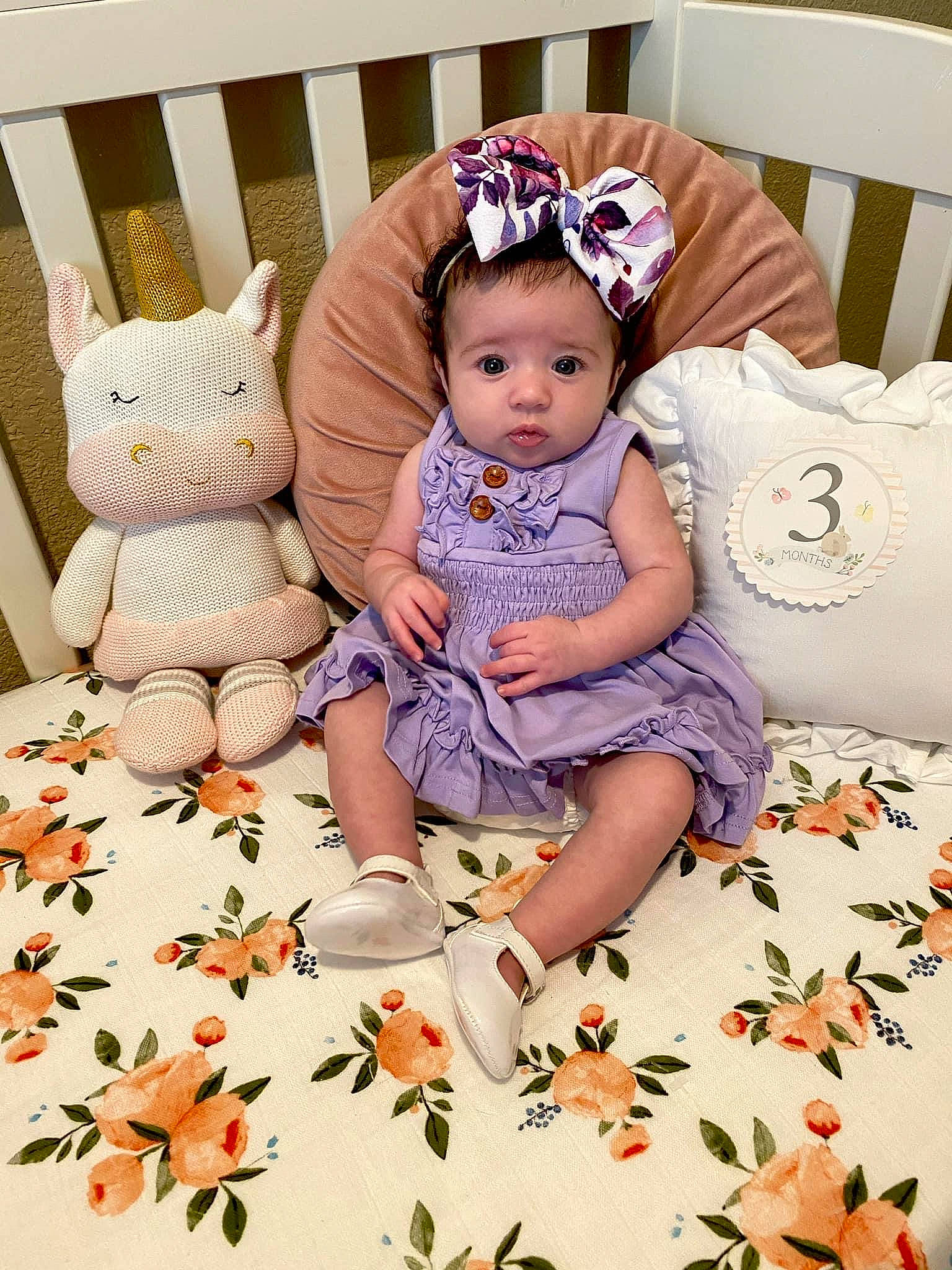 Rowyn is registered to the contest to win money with this photo: baby, baby_products, baby_toddler_clothing, cheek, child, dress, ear, hair_accessory, pattern, person, plant, product, room, sitting, skin, toddler, toy
