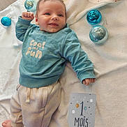 Jules participe au concours pour gagner de l'argent avec cette photo : baby, smile, blue_sweatshirt, milestone_card, blanket, christmas_ornaments, white_blanket, infant, cute, happy, clothing, person, indoors, one_month, baby_girl_or_boy, cute_expression, soft_lighting, small_hands, pale_pants, lying_down