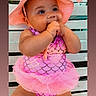 baby, child, pink_hat, pink_swimsuit, tutu, bench, outdoor, smiling, happy, cute, infant, summer, sunhat, sitting, portrait, hands, face, skin, heart_emoji, fashion