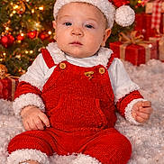 Dylan is registered to the contest to win money with this photo: baby, child, christmas, holiday, santa_hat, red_outfit, white_shoes, christmas_tree, ornaments, presents, festive, snow, holiday_decor, indoor, cute, portrait, seasonal, celebration, festivity, cozy